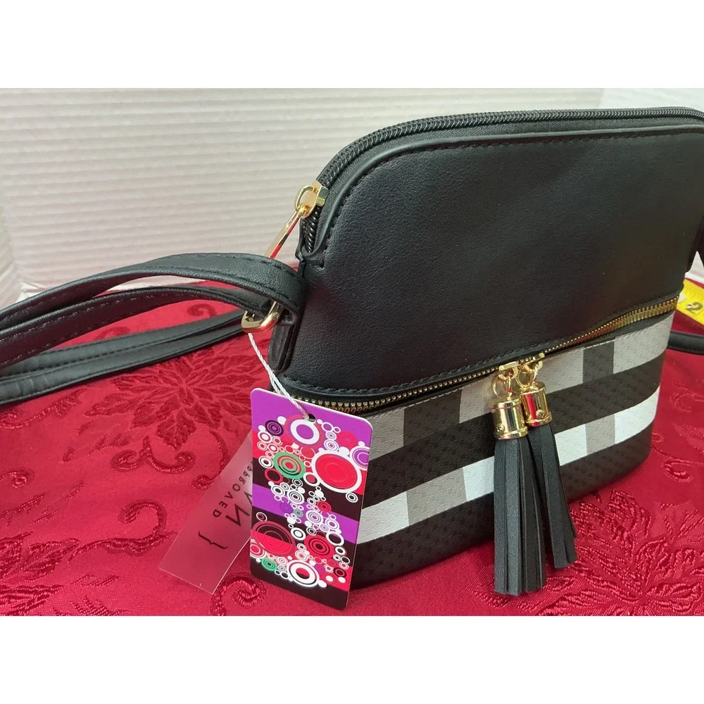 New Vegan Leather Plaid Crossbody Bag Black Grey White Tassel Dome Purse - Picture 11 of 14